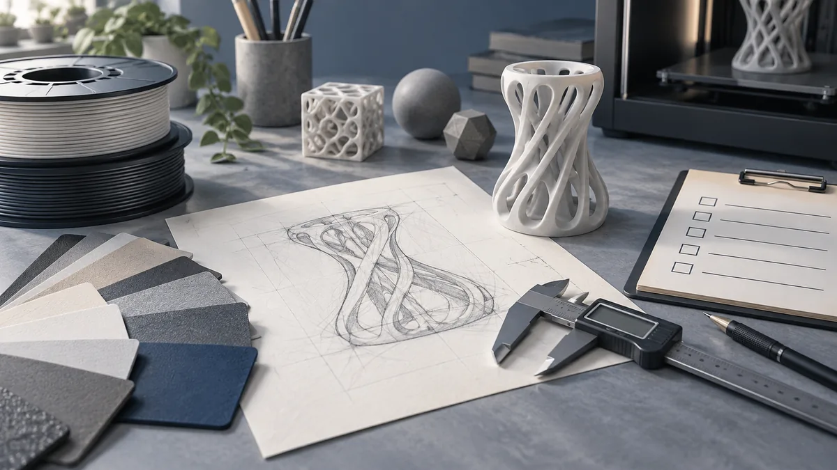 Illustration of an unmarked sketch, calipers, swatches, and sample object