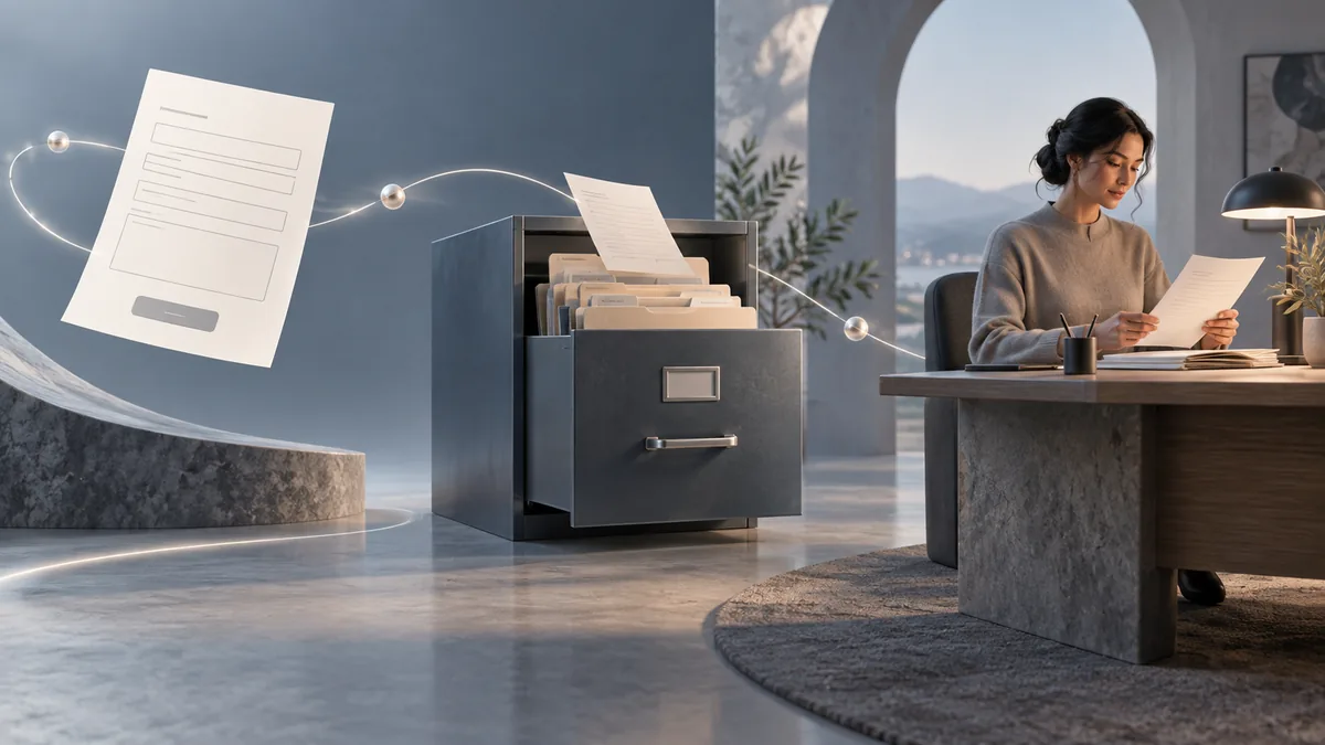 Illustration of a blank form card moving into a filing drawer and human review desk