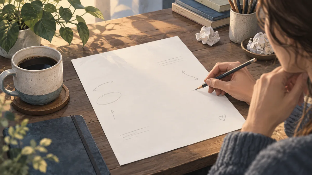 Illustration of a draft page being revised with a human pencil