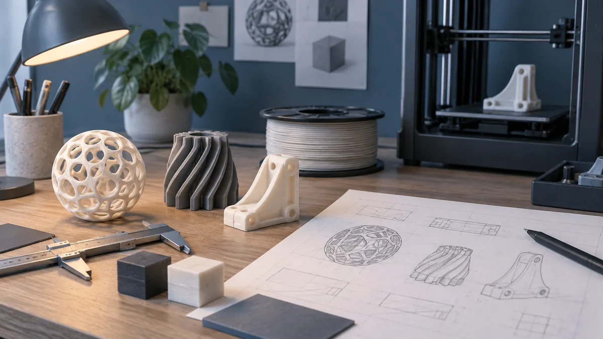 Illustration of prototype objects, calipers, filament, and a blank planning sheet