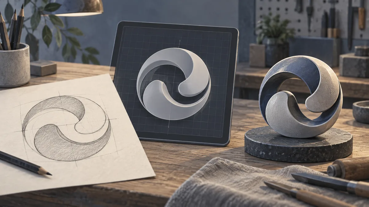 Illustration of an abstract mark changing from flat sketch to a finished raised object