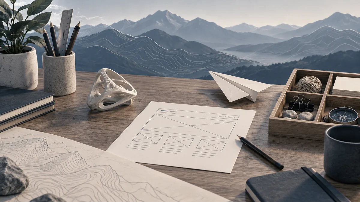 Illustration of a designed object, paper plane, blank website sketch, and organized inquiry tray