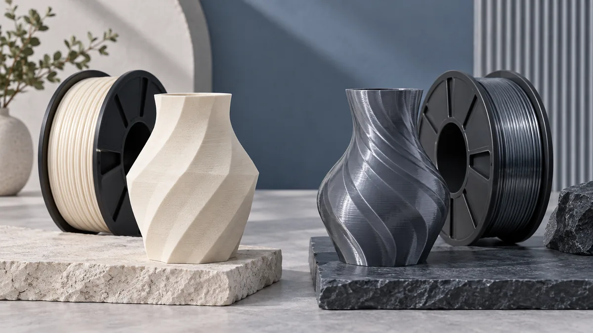 Illustration of two differently textured printed material samples and filament spools