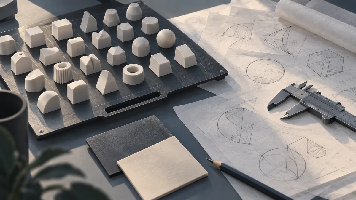 Conceptual illustration of blank geometric print samples, sketches, and calipers