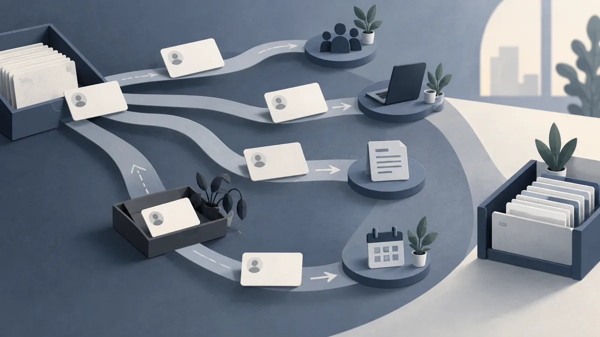 Illustration of inquiry cards taking different paths through a handoff