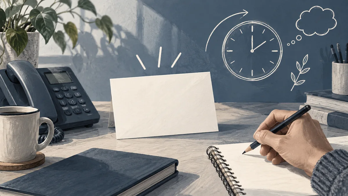 Illustration of an inquiry card beside a phone and clock motif