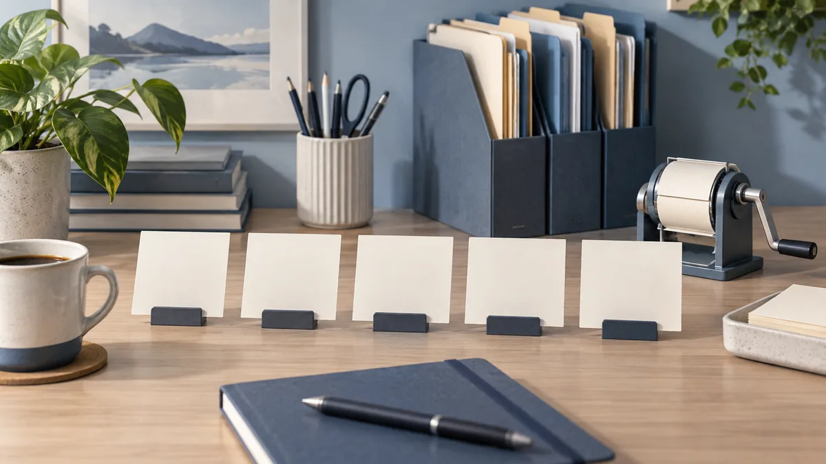 Illustration of five blank task cards on an organized desk