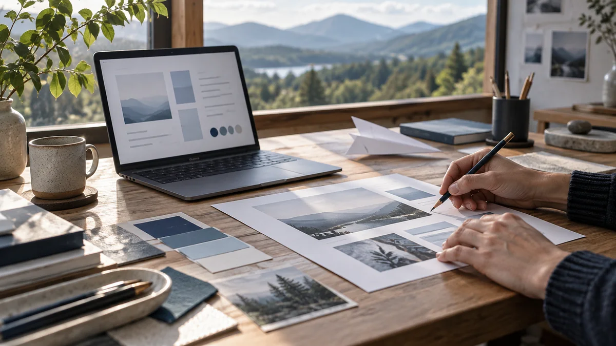 Conceptual studio image of a person reviewing creative drafts beside a laptop