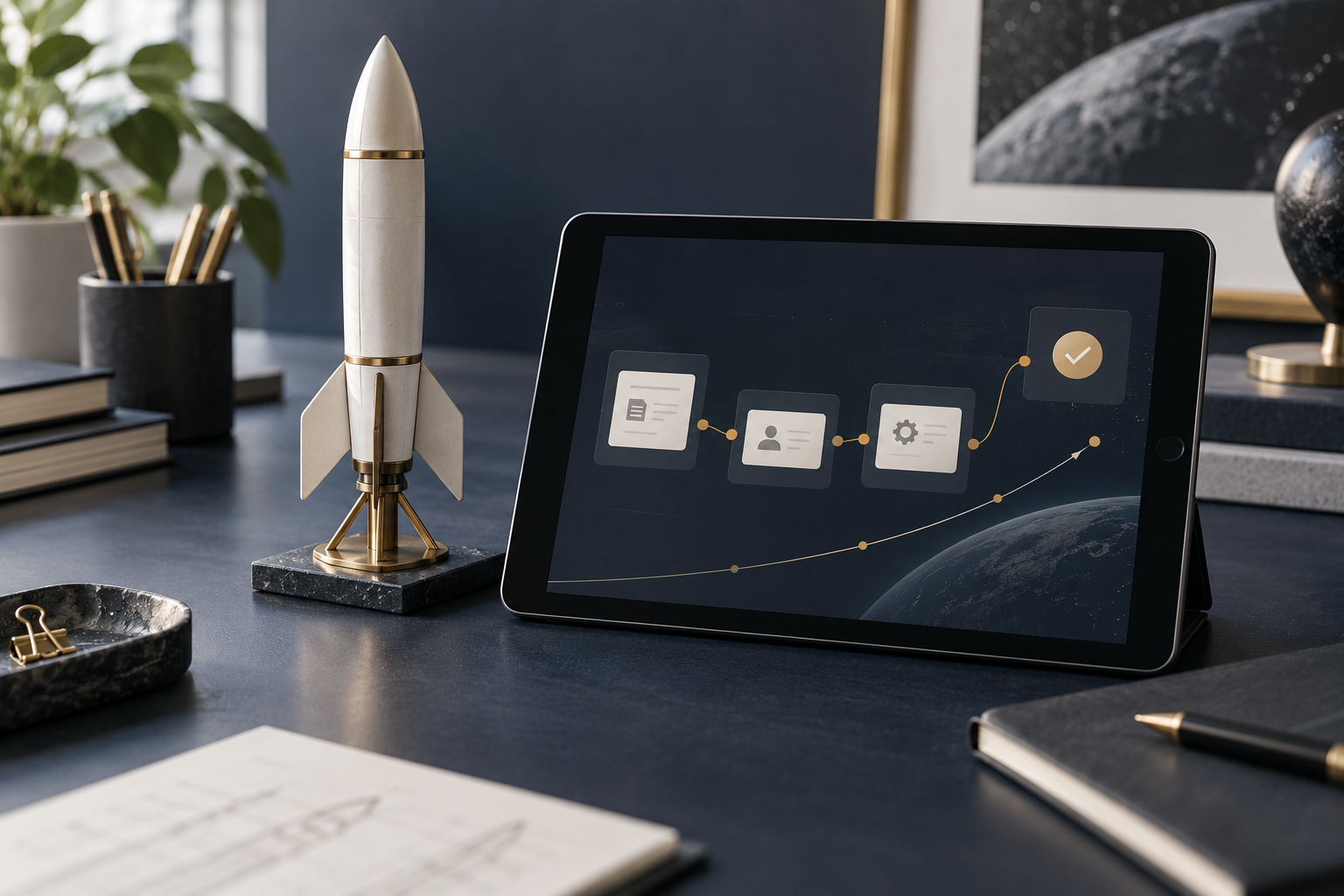 A model rocket beside an AI-assisted workflow on a tablet